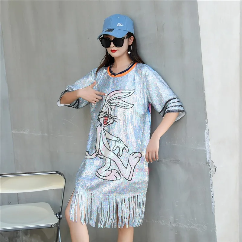 

2022 New Plus Size Vogue Ladies Summer Long T Shirt Printed Personalized Street Fashions Fringe Sequins Bunny Tees for Women