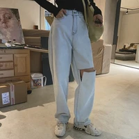 casual light blue jeans women high waist straight thin ripped denim trousers all match hole vintage y2k aesthetic mom long pants
