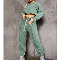 solid color sports suit 2 piece long sleeved cropped top elastic waist drawstring pants womens sportswear fitness two piece