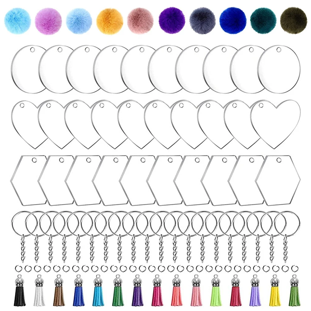 

45pcs Acrylic Blank Pom Poms Ball with Tassels Key Chain Rings&Jump Rings For DIY Keychain Making Festival Decoration