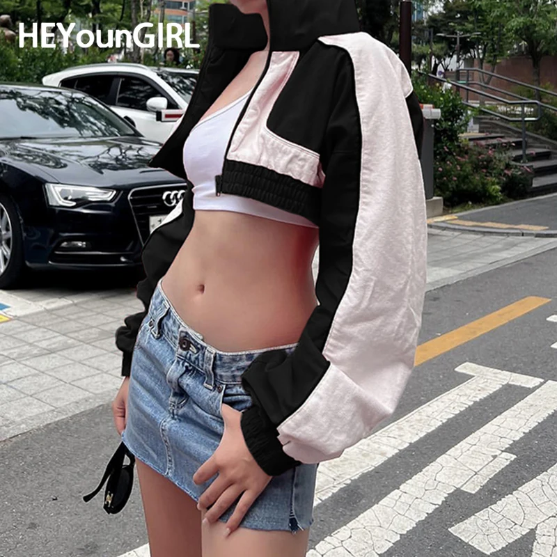 

HEYounGIRL Contrast Women Bomber Jacket Turtleneck Zipper Long Sleeve Crop Top Punk Biker Fashion Short Coat Autumn Streetwear