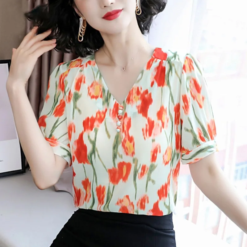 Elegant V-Neck Loose Printed Puff Sleeve Blouse Women Clothing 2023 Spring New Casual Pullovers Office Lady Chiffon Shirt