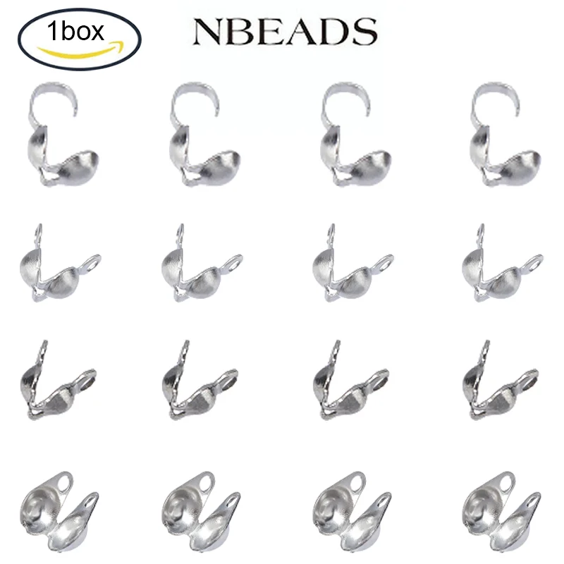 

1BOX 6 Style Stainless Steel Bead Tips Open Clamshell Fold-Over Bead Tips Knot Covers End Caps for Jewellery Making Crafts