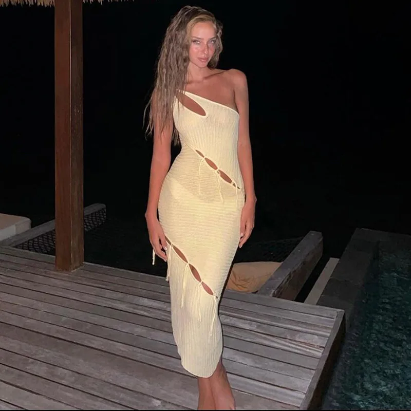

Summer Women Sexy Hollow Out Dress Slim Fit Tie up Sleeveless Knee-Length Dress Inclined Shoulder Midi Dress Holiday Beach Party