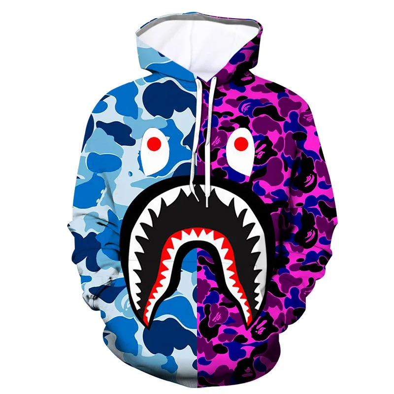 

Sudadera con capucha de camuflaje para hombre y mujer, chaqueta holgada con cremallera, estilo Harajuku, cabeza de tiburón
