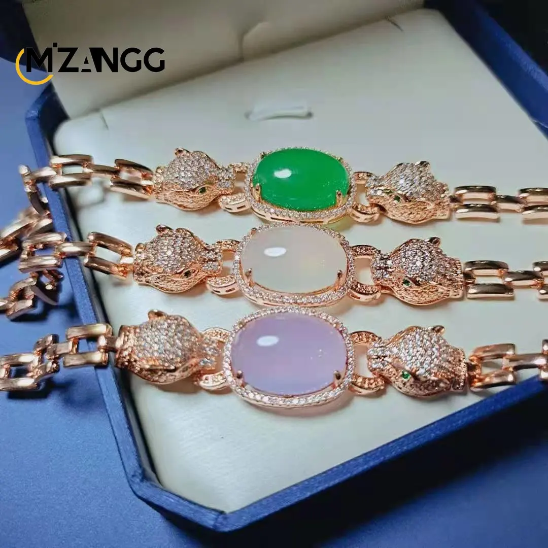 

925 Silver Chalcedony Bracelet Ladies Atmosphere Style Inlaid Leopard Head Personality Chalcedony Bracelet Lucky Amulet