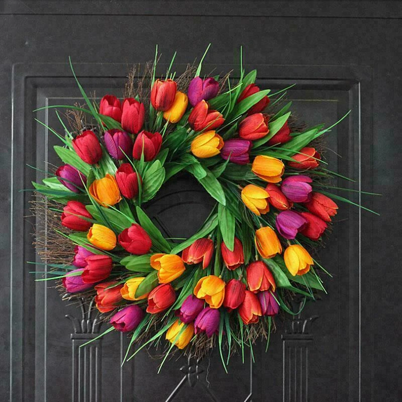 

Artificial Flower Tulipan Wreath Spring Decor Door Wall Hanging Garland Wedding Easter Party Decoration Front Door Home Decor