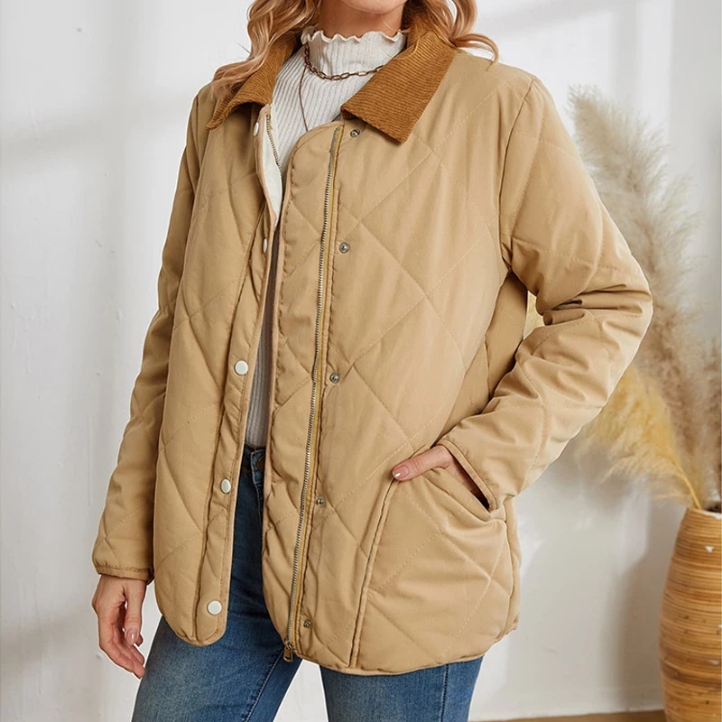 Casual Simple Khaki Parka Loose Fashion Long Sleeve Warm Women's Padded Jacket Versatile Cardigan Zipper Winter Outerwear 2022