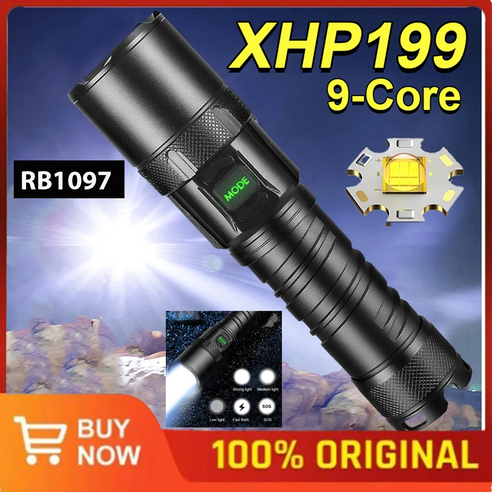 

XHP199 Powerful LED Flashlight Rechargeable Zoom Torch Light High Power Flashlight 26650 USB Waterproof Portable Camping Lamp