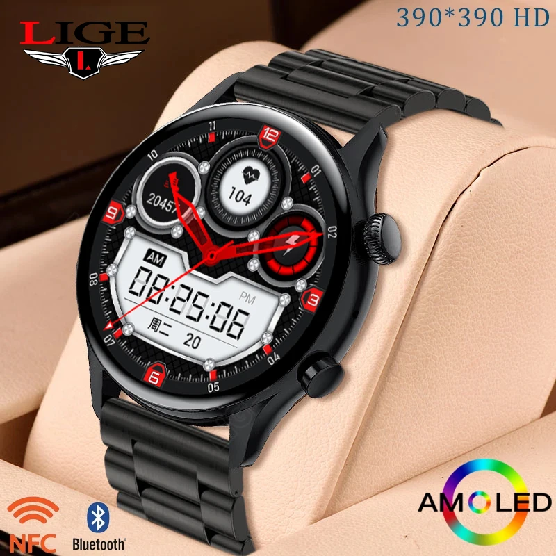 

LIGE NFC Smartwatch Men AMOLED 390*390 HD Screen Smart Watch New Bluetooth Call Clock IP68 Waterproof Digital Watches For Xiaomi