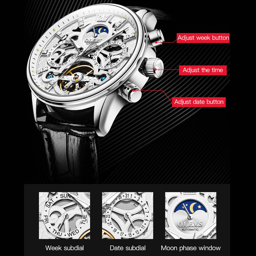 Цена Часы мужские механические водонепроницаемые с кожаным ремешком и Луной