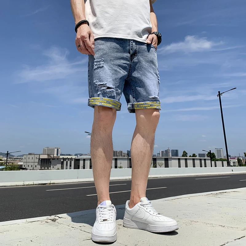 Summer New Beach Casual Men's Denim Shorts Straight Knee-Length Jeans Fashion Trend Loose Ripped Men's Street Short Jeans