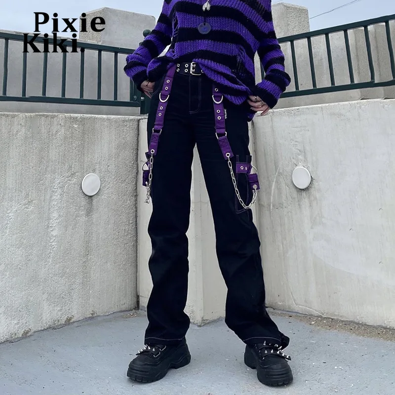 

Мешковатые джинсы PixieKiki с цепочкой и завышенной талией, уличная одежда, женские штаны Y2k, эстетичные гранж, черные джинсовые брюки, брюки-кар...