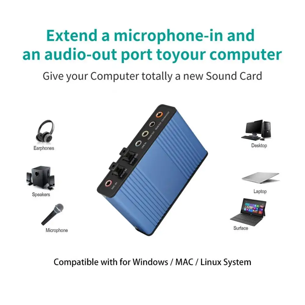 

External for Laptop Sound Card 6 Channel 5.1 Audio USB Optical Adapter Computer