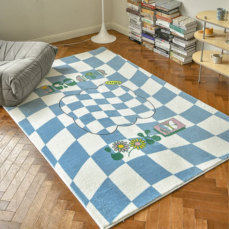 

New Fashion American Retro Living Room Art Smiley Carpet Bedroom Large Size Decoration Soft Small Fresh Cute Checkerboard Mat