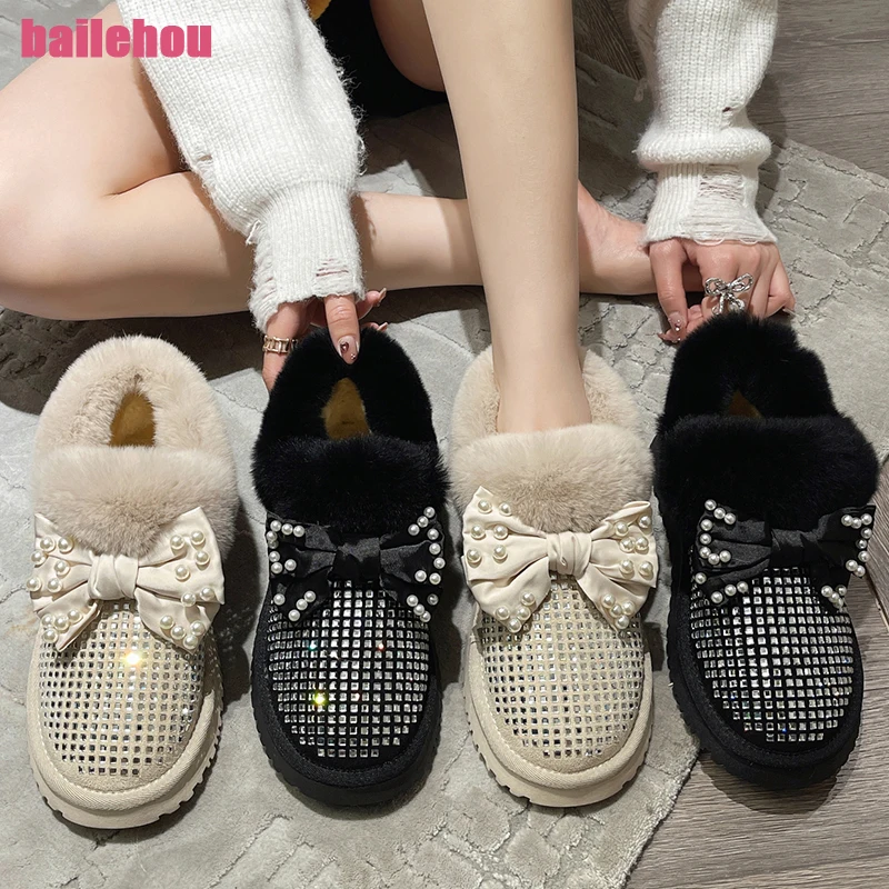 

Теплые меховые ботинки для снежной погоды 2023, повседневные укороченные ботинки с бантом-бабочкой, с круглым носком, на резиновой подошве, Ко...