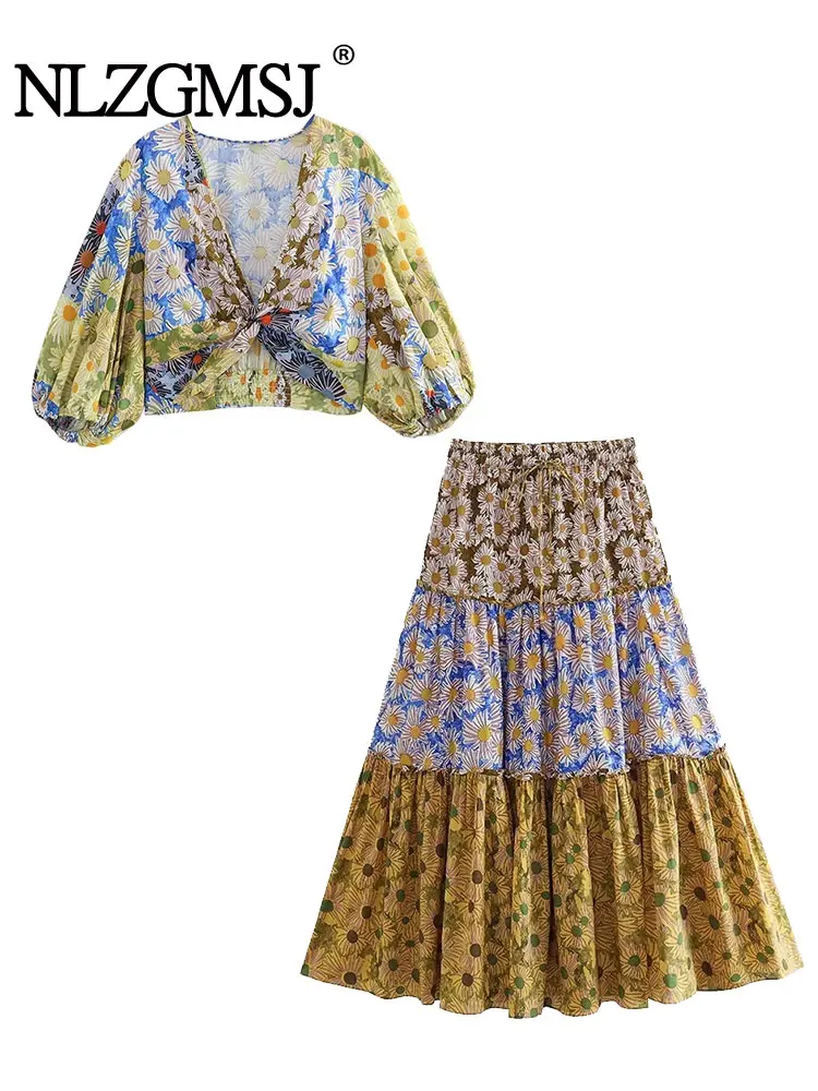 

Nlzgmsj TRAF 2023 Woman 2 Pieces Sets Fashion Knot Flower Printed Blouse Tops + Patchowrk Long Skirts Summer Casual Elegant Set