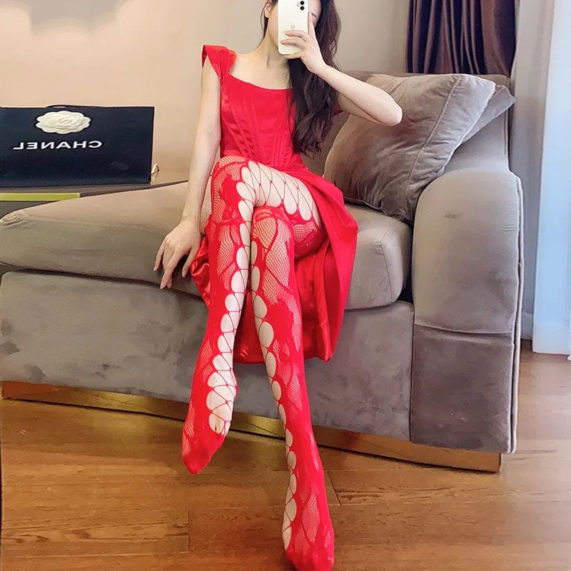 

Женские ажурные чулки в розовую сетку, красные сетчатые носки, Цветочная лоза, Женская Сексуальная кружевная юбка с разрезами по бокам