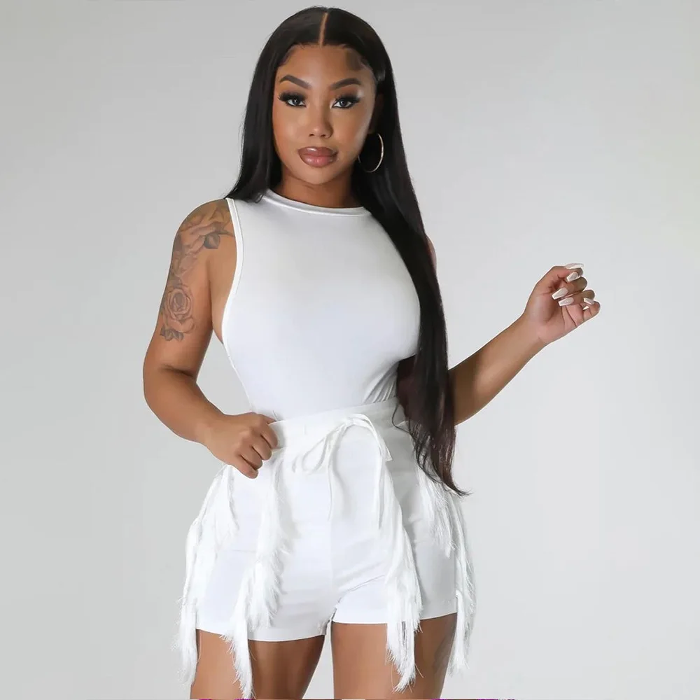 

2023 Summer New Shorts Fashion Sexy Y2k 2 Piece Sets Womens Outfits Solid Color Sleeveless Tassel Casual Bodysuit Slim Suits