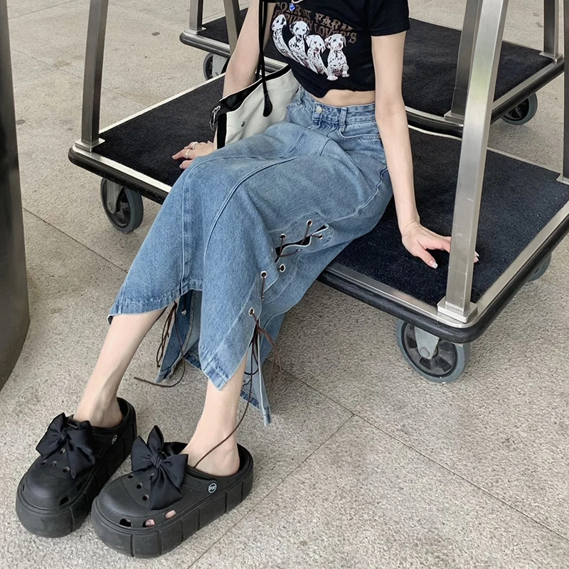 

SML Long Denim Skirt 2022 korean style High Waist Lace Up Split Midi Skirts Women Long Jean Skirt Style Saia Jeans (xy60359