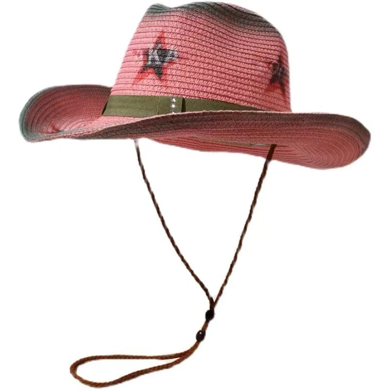 

Винтажная ковбойская шляпа с розовой звездой в западном стиле, шляпа с большими полями, соломенная ковбойская шляпа для девочек,