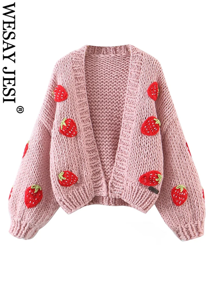 WESAY JESI Fashion Chic Women's Cardigan Sweater Jacket Pink Red Strawberry Patch Thick Wool Drop Shoulder Puff Sleeves Top Wear