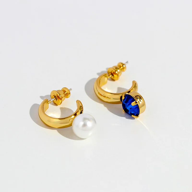 

New Titanium Steel Earrings For Women Klein Blue Diamond Asymmetric Pearl Earrings 316L Stainless Steel Stud Earrings Waterproof