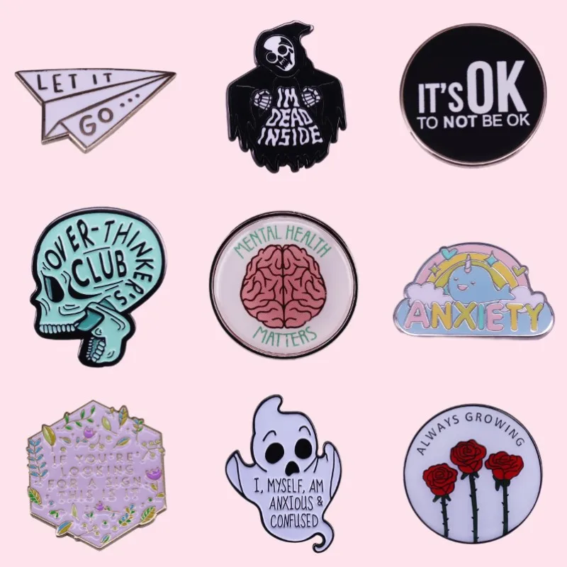 

T'S OK Overthink Feminism Rose Enamel Pins Custom Brain Badges Mental Health Lapel Brooches Jewelry Gifts for Friends Wholesale