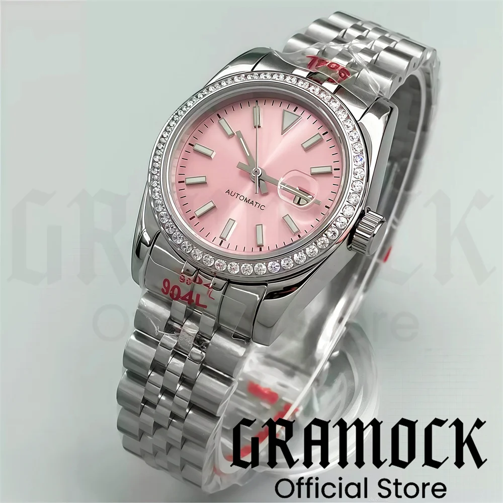Фото Роскошные женские часы Gramock 31 мм с декором и бриллиантами NH05, двухцветный золотой корпус, сапфировое стекло, солнечные лучи, фиолетовый, серый циферблат, римский индекс №3