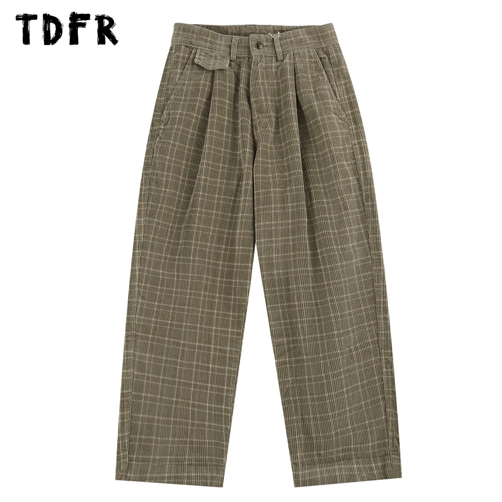 

Plaid Corduroy Casual Pants Mens Autumn Winter Streetwear Loose Wide Leg Trousers Men Slacks