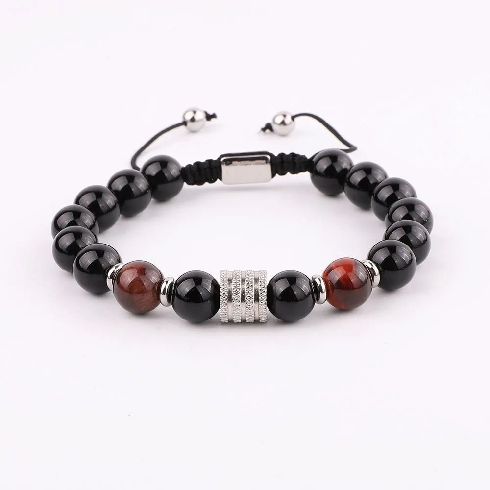

New Fashion Natural Stone Stainless Steel Beads Black Agate Gemstone Macrame Bracelet For Men Jewelry Gift