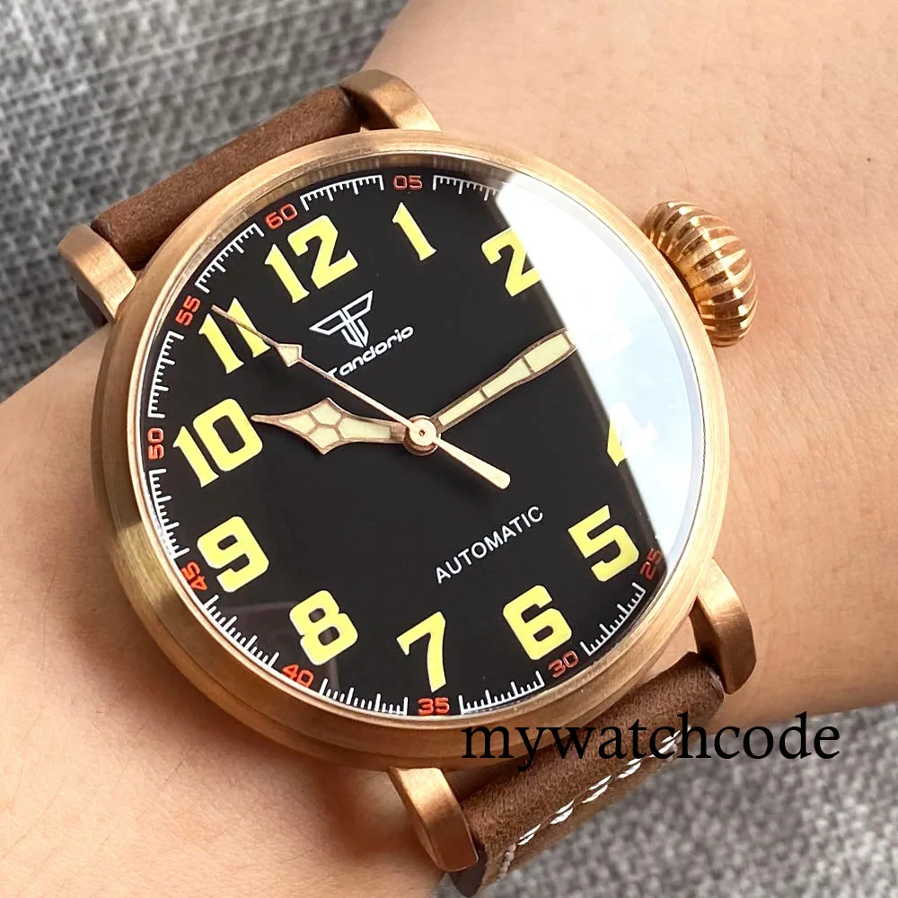 

Tandorio PT5000 NH35A Real Solid Cusn8 Bronze 46.5mm Automatic Diving Men's Wristwatch Sapphire Crystal Black Dial Leather Strap