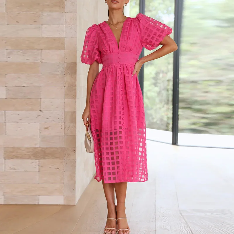 

Fashion Plaid Print Liner Big Hem Dresses Chic Puff Short Sleeve High Waist Party Dress Sexy Women V-neck Button-up Long Dress