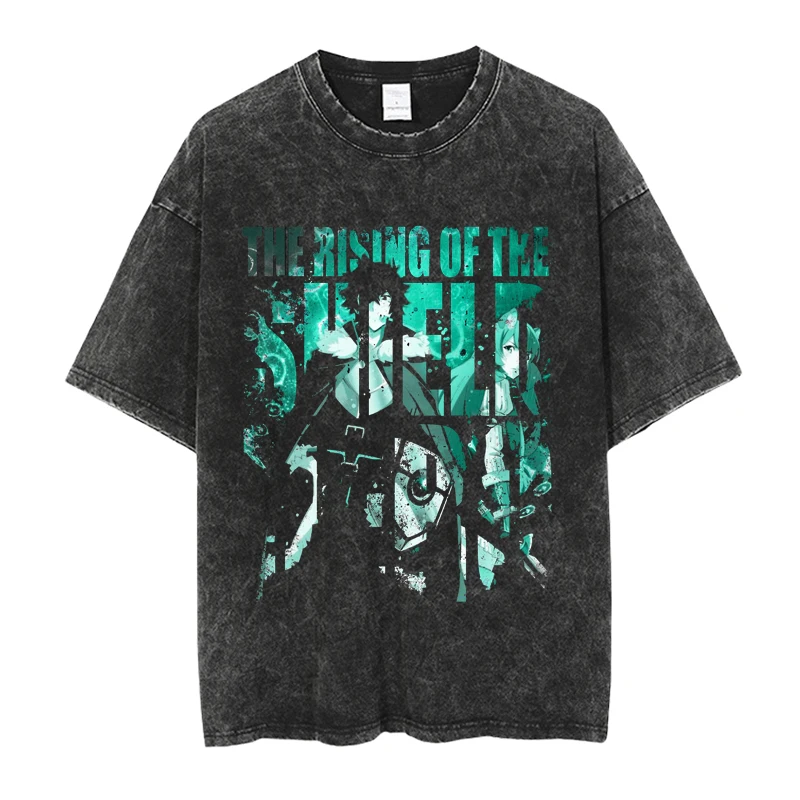 

Vintage Washed T-shirt Harajuku Men Short-Sleeve T-Shirts Japanese Anime The Rising of the Shield Hero Streetwear Unisex Tops