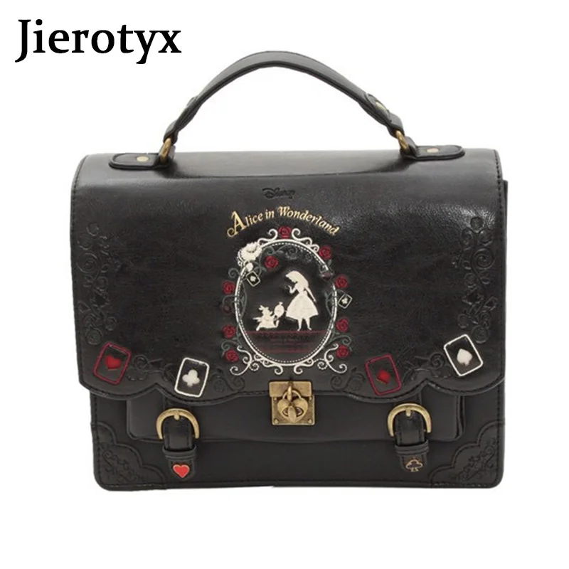 

JIEROTYX Women Backpack Girl Alice Bag In Wonderland School Backpack Bag Women Handbags Bag Black Gothic Punk Style Hot Sale