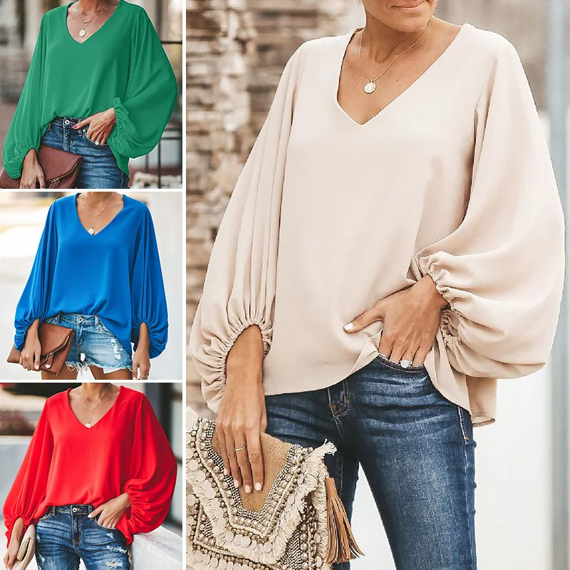 

2023 Fashion New Women Lantern Sleeve V-neck Solid Color Blouses Spring Summer Loose Shirts Tops Elegant Casual Shirt