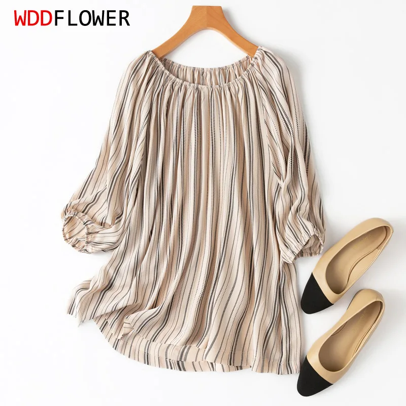 

Женская рубашка в полоску, с коротким рукавом и круглым вырезом