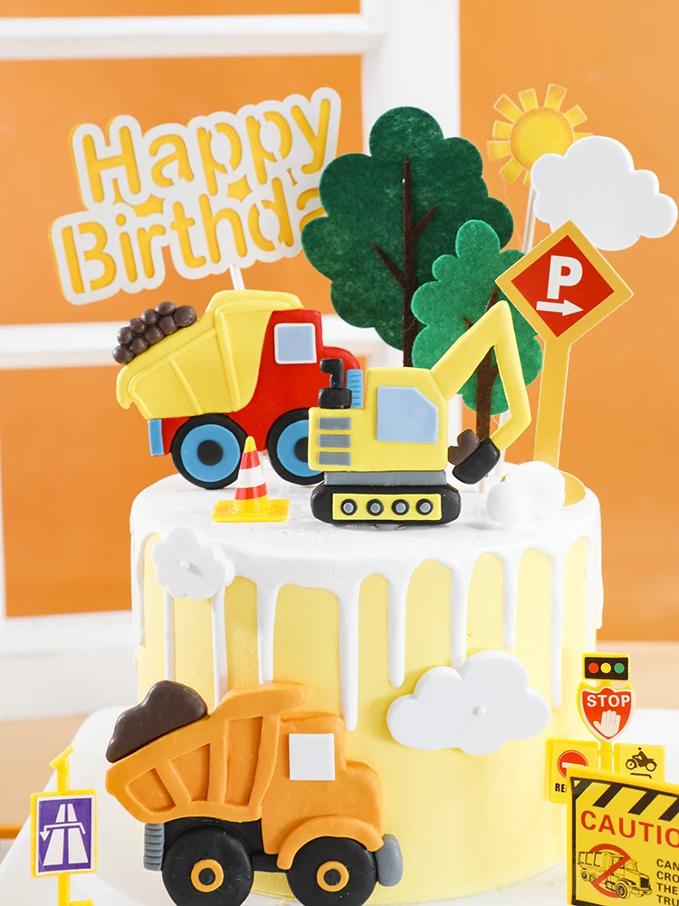 Engineering Construction Excav Birthday Boys Cake Topper Soft Pottery Excavator Stone Truck For Kids Theme Party Cake Decoration