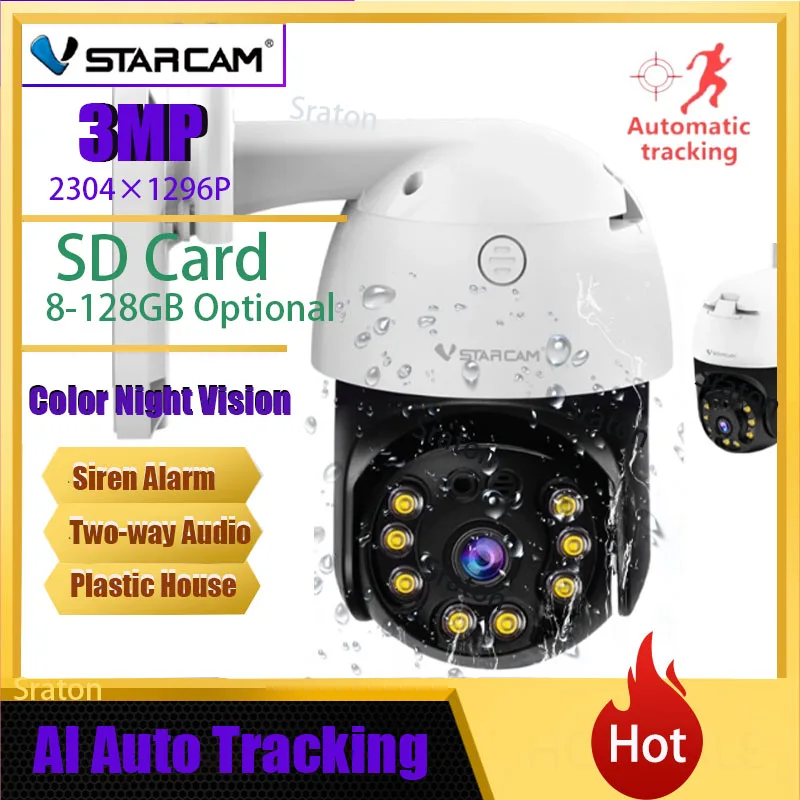 

Vstarcam 3MP Wifi IP Camera Dome AI Security Camera P2P PTZ Wireless 2 Way Audio Outdoor Waterproof IR Color Night Support 128G