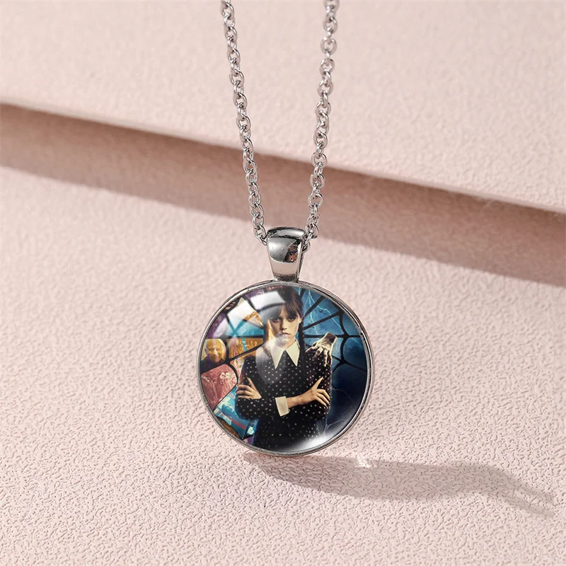 

Wednesday Addams Glass Cabochon Pendant Necklace Fashion Jewelry Silver Color Chain Choker Wednesday Necklaces for Women Gift