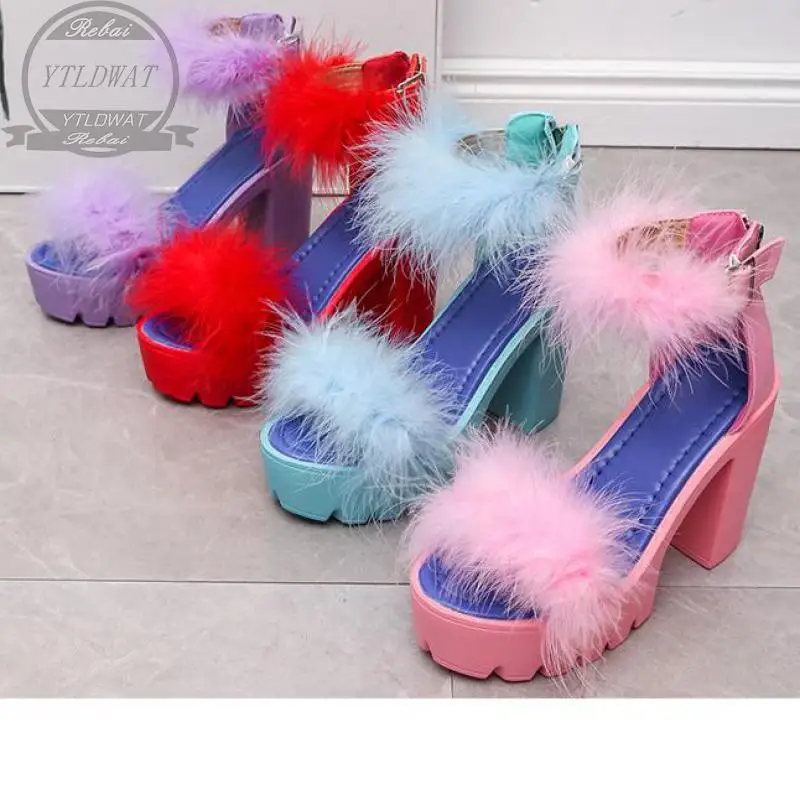 YTLDWAT 2021 NEW Summe Women Furry Sandals High Heels with Fur Female Platform Pumps Woman Ankle Strap Women's Wedge Shoes Kapci