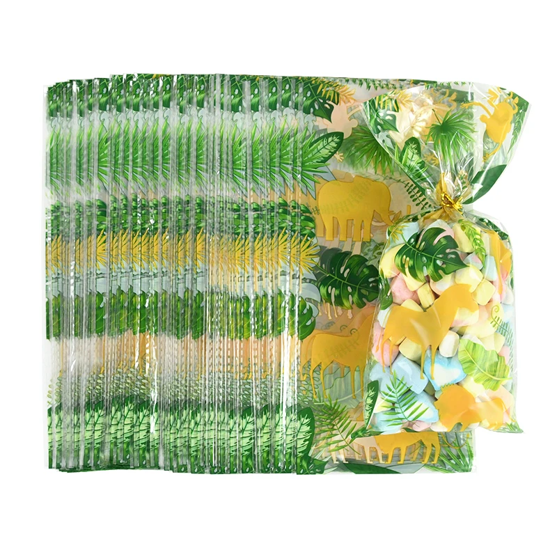 

20pcs Hawaiian Leaves Animal Candy Bag Jungle Safari Plastic Gift Bag for Baby Shower Wild One Birthday Party Packaging Supplies