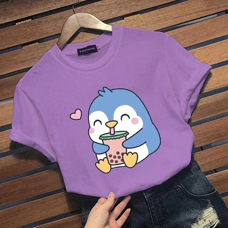 Футболка с принтом милых пингвинов жемчужин молочный чай Женская Повседневная