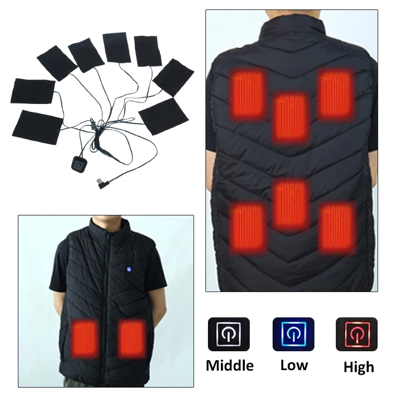 

8in1 Jackets Heater USB Electric Clothes Heating Pad Winter Vest Heated Warmer Pads Fiber Warm vest Constant temperature