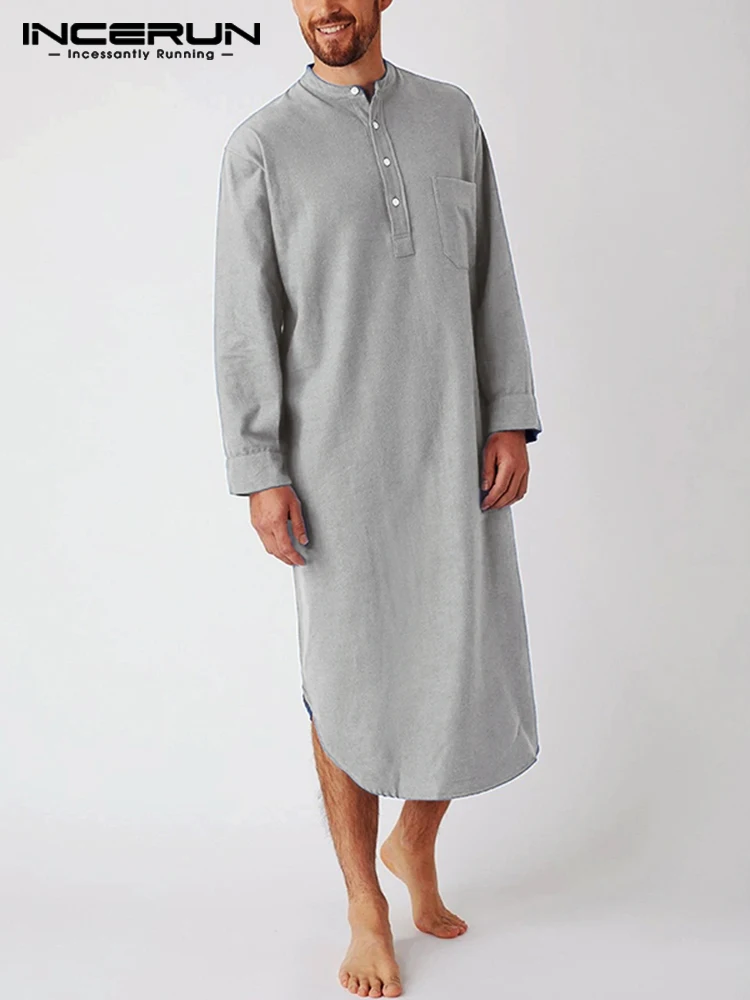 New Men Casual Sleep Robes Long Sleeve Round Neck Sleep Shirts Man Fashion Male Solid Nightgown Comfortable Nightclothes INCERUN