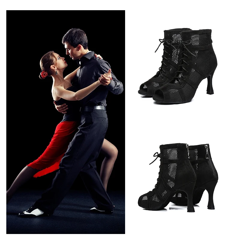 SWDZM Cool Women's Short Boots Ballroom Dance Boots Girls Jazz Black Suede Sole Dance Shoes Net Boots Custom Heel Sandals