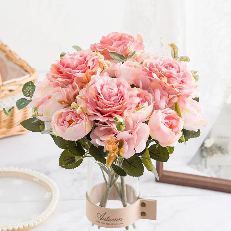 

30cm Artificial Flowers 6heads Peony Hydrangea Silk Flower Bedroom Ornament Retro European Fake Flower Wedding Party Arrangement