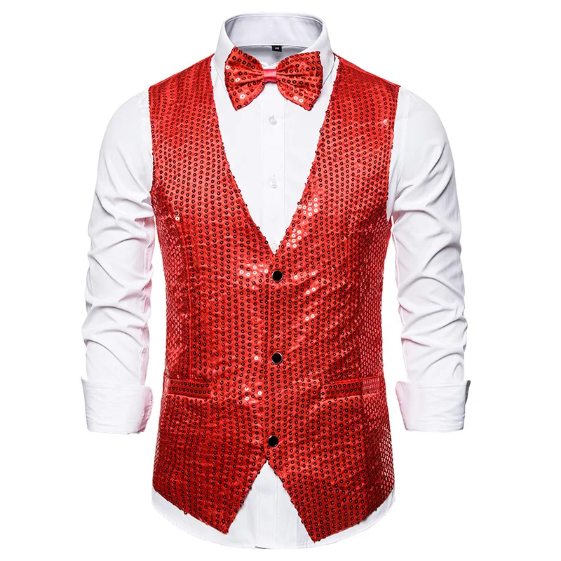 

Mens Shiny Red Sequins Suit Vests 2022 Brand Single Breasted Tuxedo Vest Waistcoat Men Party Stage Singer Show Vest with Ties