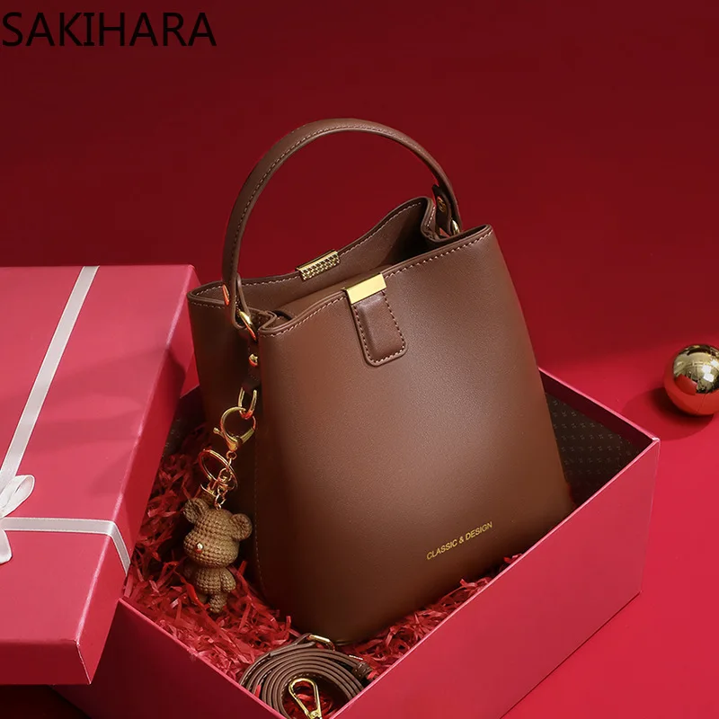 Сумка через плечо для женщин однотонная простая модная ведерка винтажная