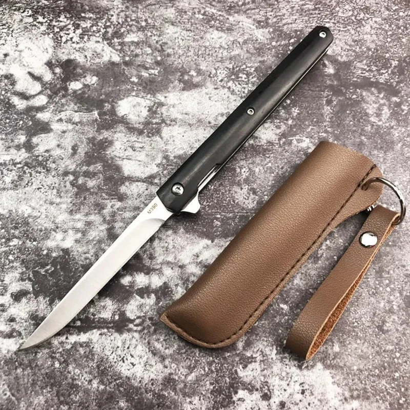 

M390 Steel Folding Knife with Holster Wooden Handle Damascus Pattern High Hardness Outdoor Hunting Knife Camping Survival Tools